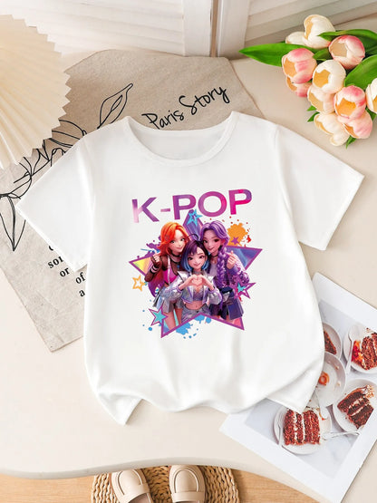 Girls K-POP Idol Group Print Short Sleeve T-Shirt Cute Cartoon Graphic Tee Kids Summer Casual Top
