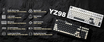 YUNZII YZ98 White Full Size Mechanical Gaming Keyboard, Vintage 99 Keys Hot Swap Gasket 98% Layout Wireless RGB Backlit Keyboard
