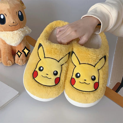 Pokemon Anime Couple Slippers Cute Pikachu Eevee Cartoon Cotton Home Shoes for Men And Women with Velvet Insulation Winter Gifts
