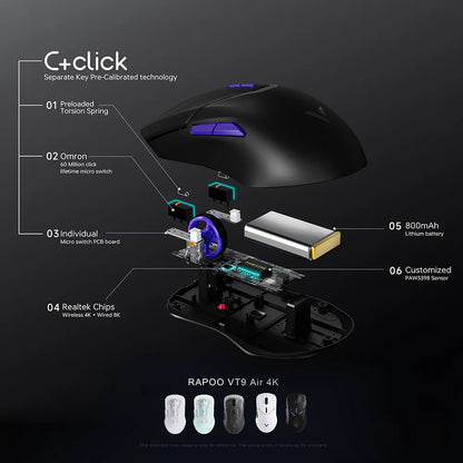 Rapoo VT9PRO 4K Wireless Gaming Mouse Superlight 26000DPI 4KHz Polling Rate 0.25ms Response Time 180H BatteryLife PAW3398