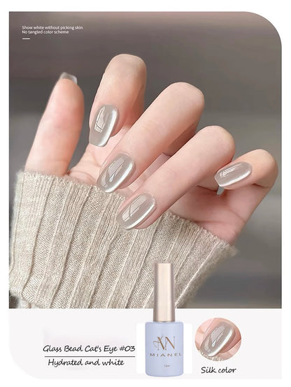 MIANEL 12ML Glass Bead Cat Eye Gel Nail Polish Flash White Spar Nude Color Magnetic Nail Polish White Nails Summer Nails 1-12pcs