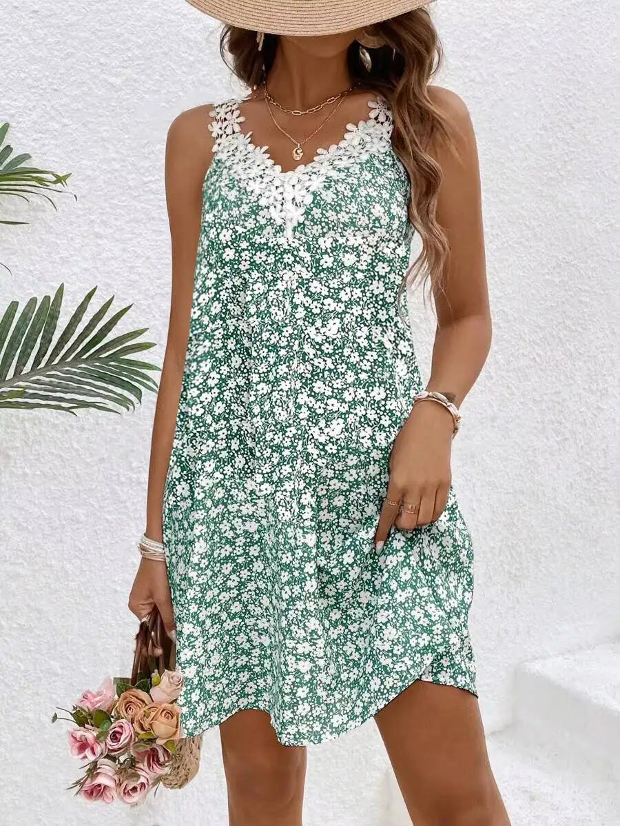 Women Dress Floral Lace Trim Spaghetti Strap A Line Mini Dress Boho Spring Summer Romantic Beach Vacation Flowy Comfy Outfit