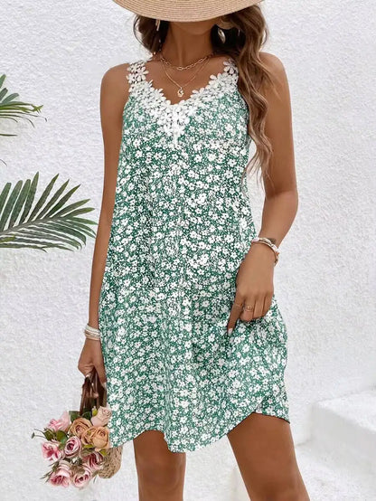 Women Dress Floral Lace Trim Spaghetti Strap A Line Mini Dress Boho Spring Summer Romantic Beach Vacation Flowy Comfy Outfit