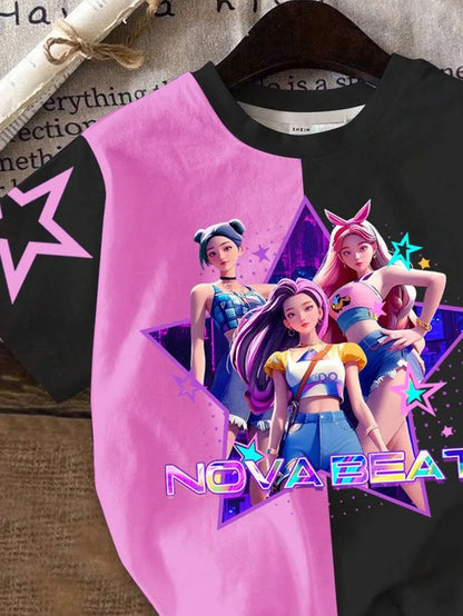 Girls' Nova Beat K-Pop Split-Design Set: Star Graphic Tee & Biker Shorts 2-Piece Outfit