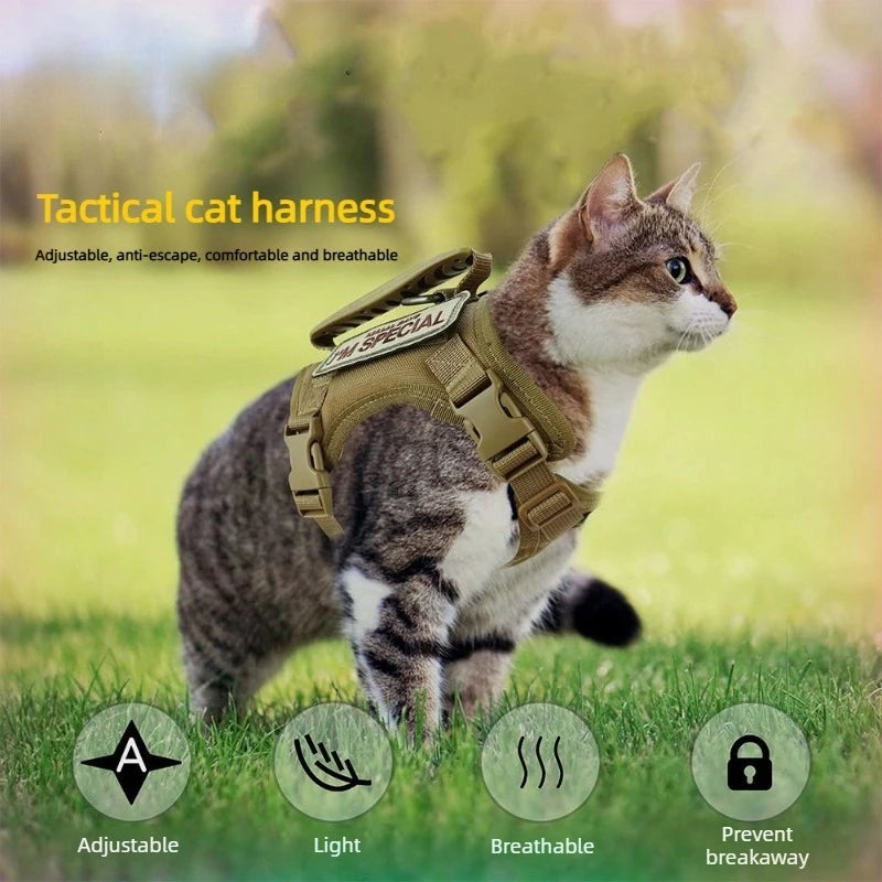 Tactical Cat Harness and Leash Set for Walking Escape Proof Adjustable Cat Vest Harness with Soft Mesh Padding Rubber Handle