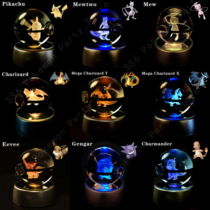 Pokemon Crystal Ball 3D Pikachu Mewtwo Gengar Pokeball 3D Night Light Lamp Glass Statue Pokemon Crystal Ball Kids Birthday Gift