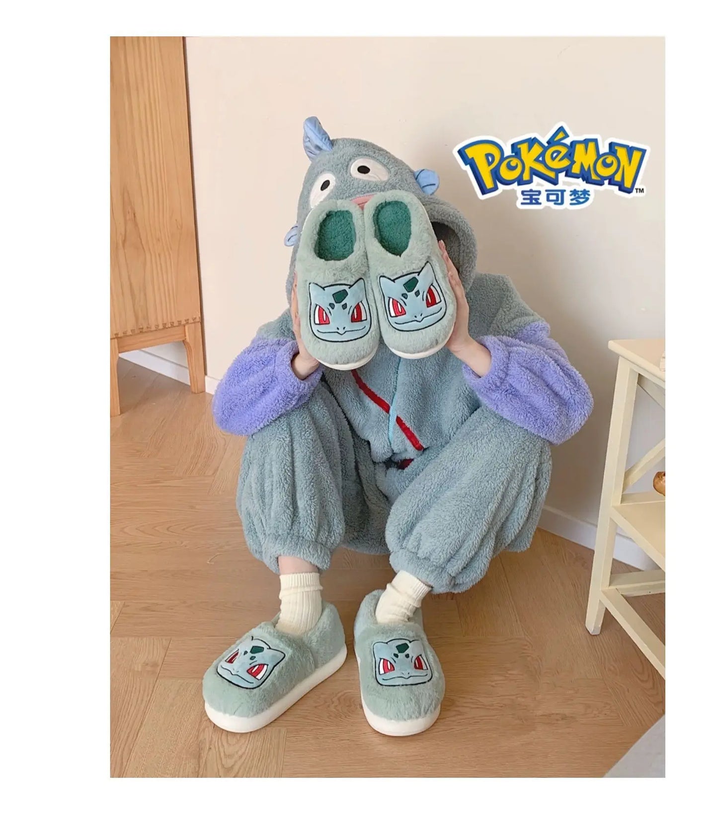 Pokémon Genuine Bulbasaur Indoor Fall and Winter Plus Velvet Warm Soft-soled Comfortable Cotton Slippers for Men and Women
