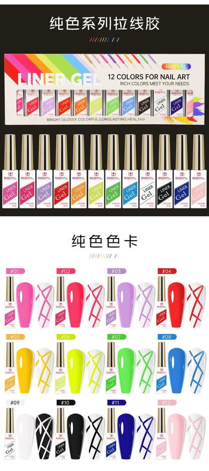 Neon Gel Nail Set Gel Pull Liner Glitter Nail Polish Kit UV/LED Fluorescent Color Gel DIY Manicure Painting Gel Nail Art Brushed
