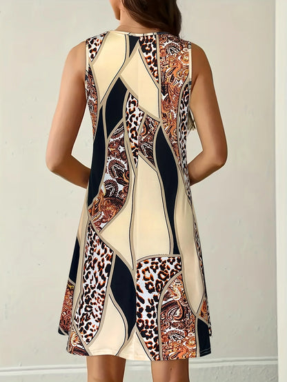 Women's Leopard Paisley Patchwork Print Sleeveless Dress Summer Casual Round Neck Loose A Line Swing Sundress