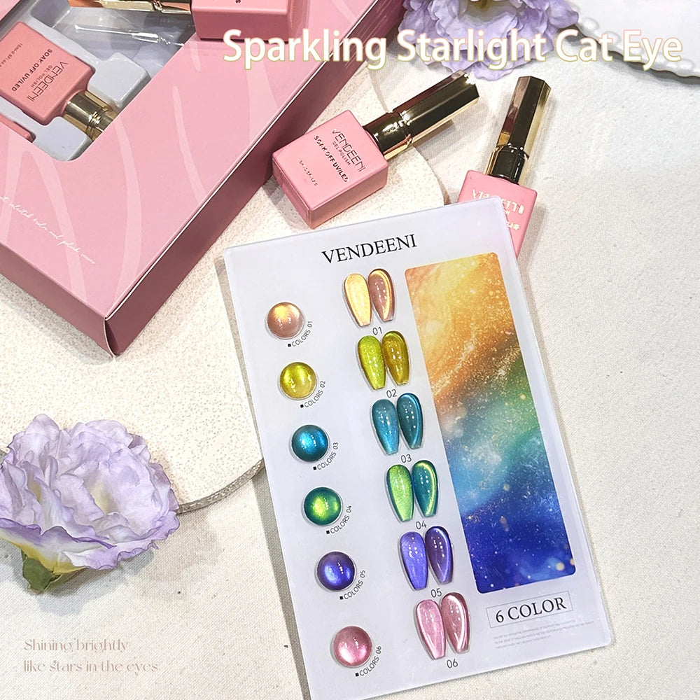 Vendeeni 6 Colors Crystal Cat Eye Gel Nail Polish Set Semi Permanent Sparkling Magnetic UV LED Soak Off Gel Varnish With Display