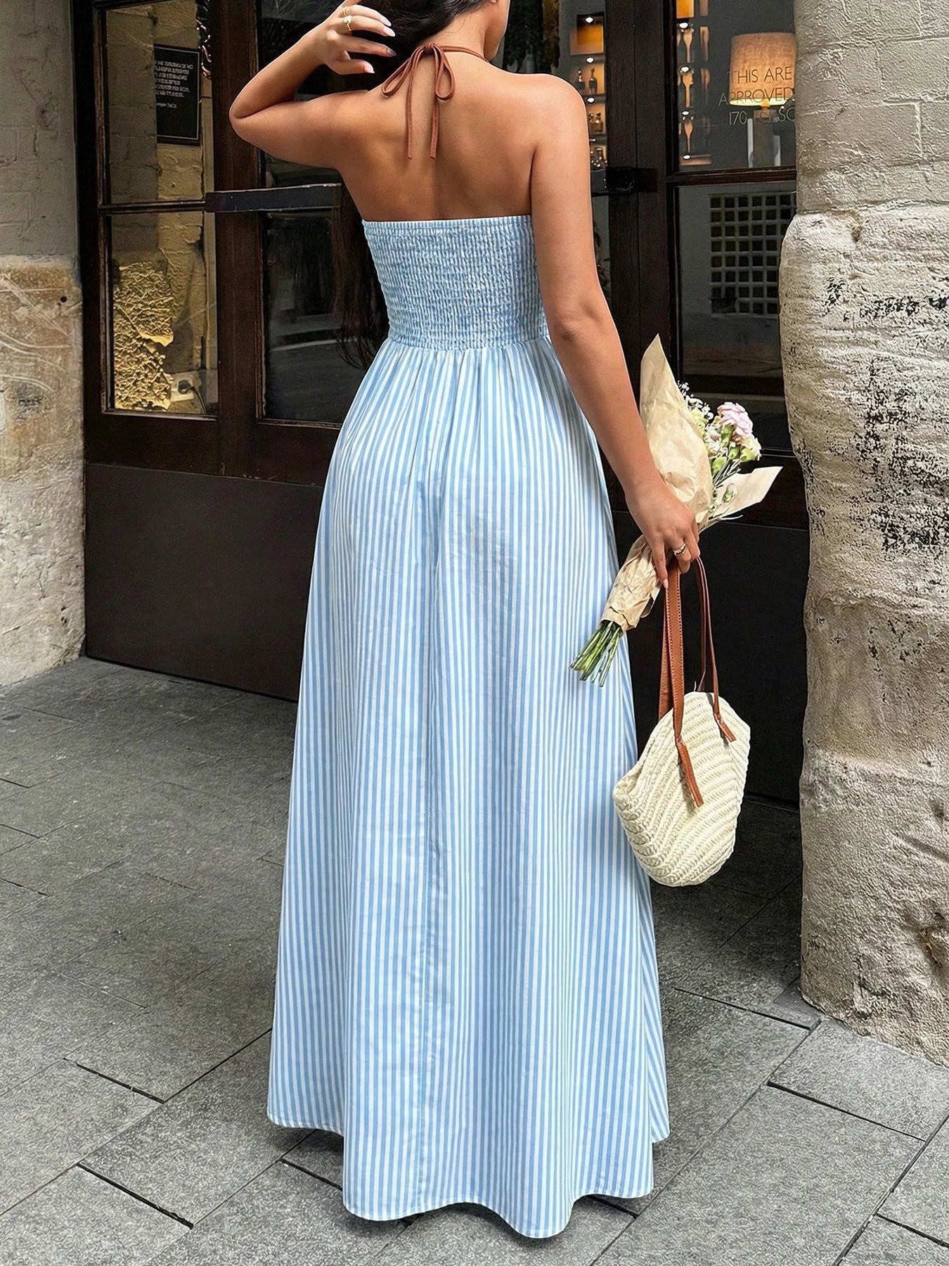 2026 Summer New Style Deep V-neck Striped Beach Dress, Sexy Backless Sleeveless Neckline Long Dress