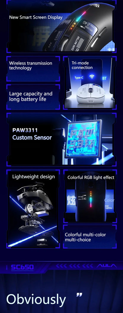 AULA SC650 Tri-Mode Wireless Gaming Mouse PAW3311 RGB Lightweight Digital Display Screen Custom PC E-Sports Accessory Gift