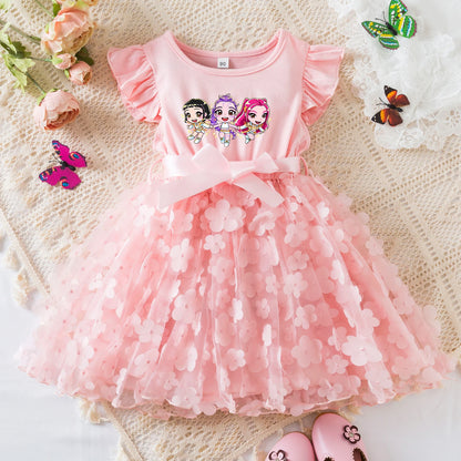Girls' K-Pop Demon Hunters "Pink Blossom" Dress: 3D Flower Tutu & Idol Graphic Gown