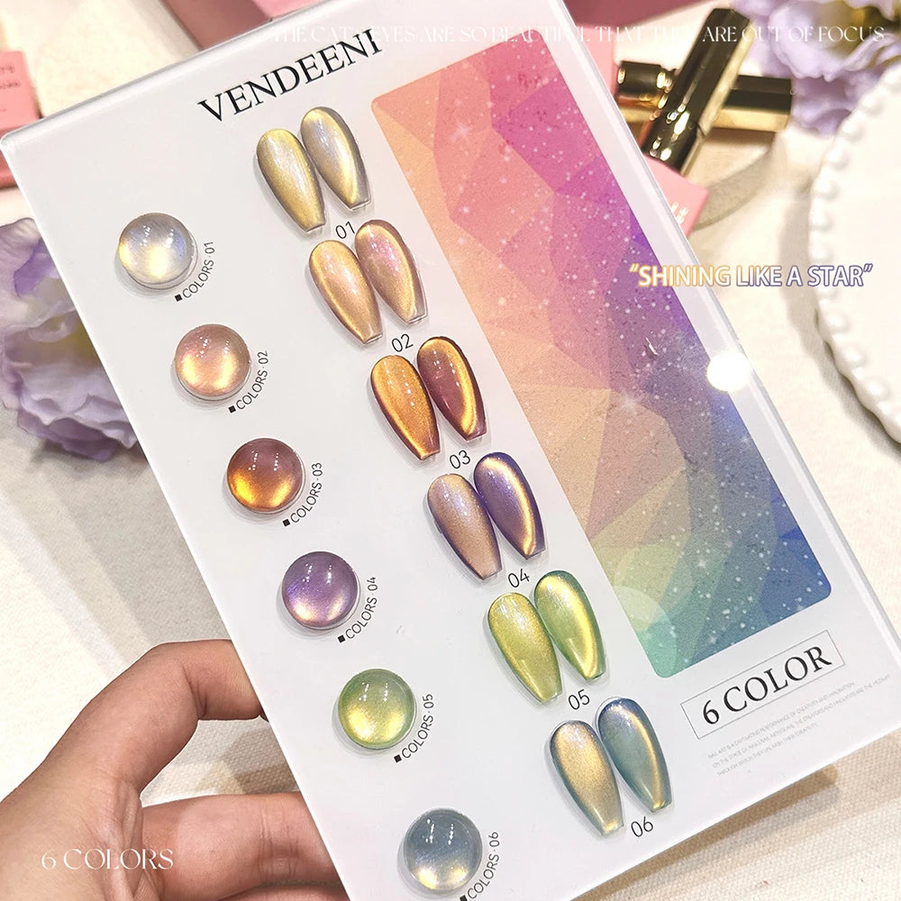 Vendeeni 6 Colors Crystal Cat Eye Gel Nail Polish Set Semi Permanent Sparkling Magnetic UV LED Soak Off Gel Varnish With Display
