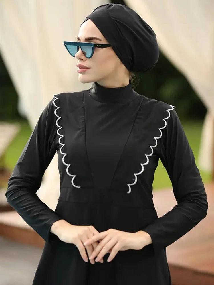 3PCS Black Series Modest Burkini Femmes Muslim Swimsuit Swimwear Summer Beach Women's Swimsuit Lotus Leaf Edge Design