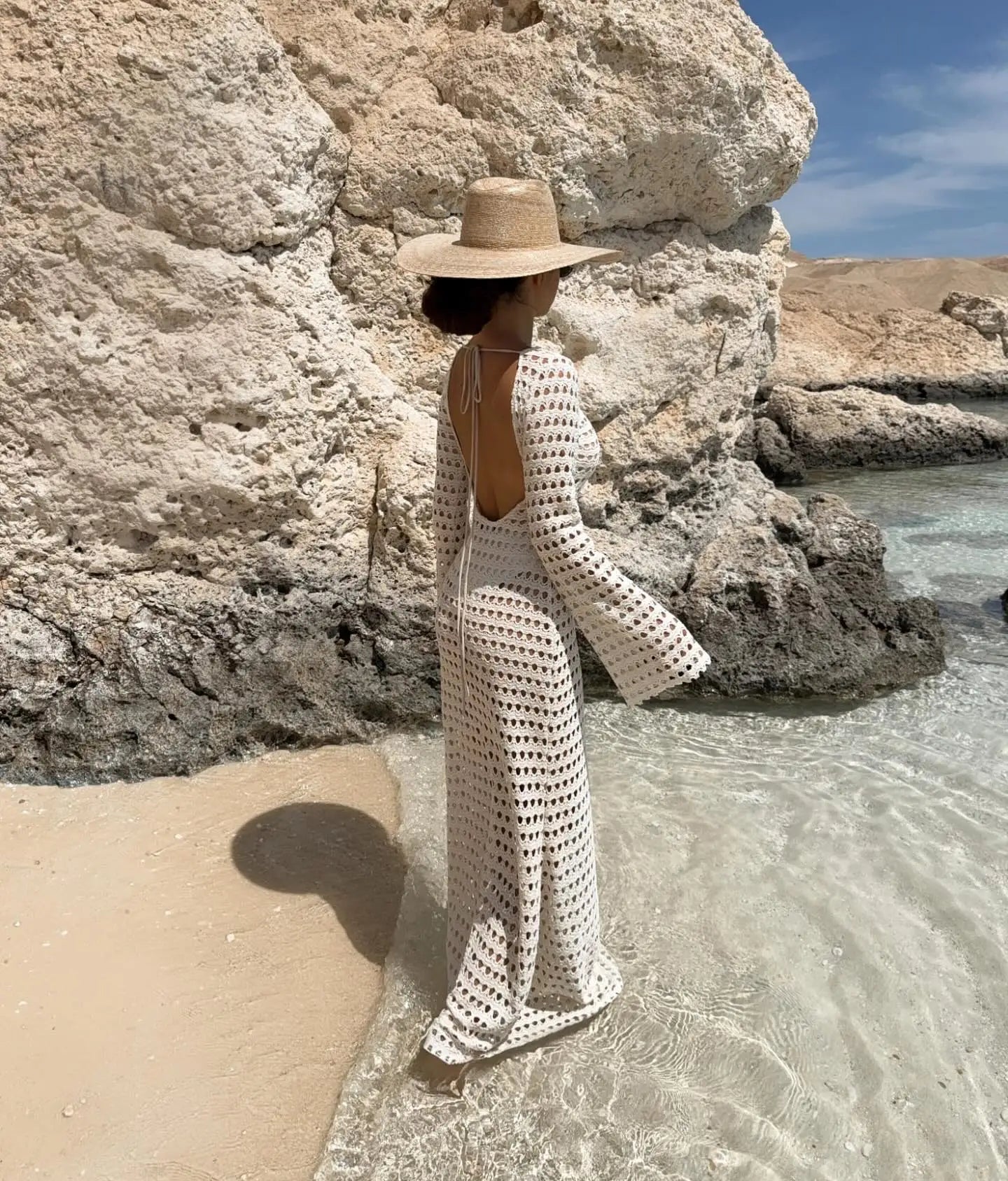 Sexy Knit Mesh Backless Long Bell Sleeve Beach Maxi Dress 2026 Women's Summer Slim Outfits Vacation Swimsuit Cover Up Tunic K205