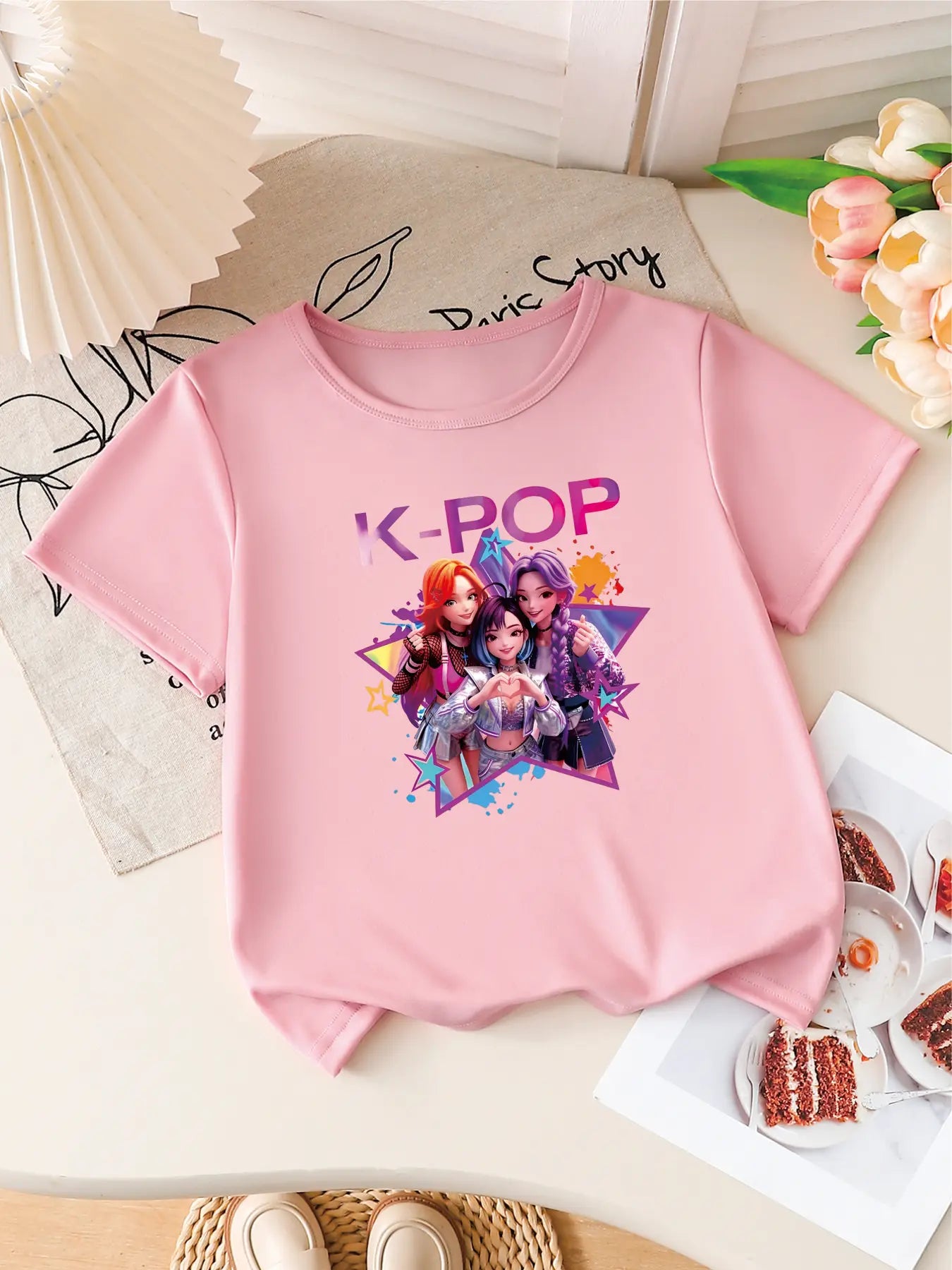 Girls K-POP Idol Group Print Short Sleeve T-Shirt Cute Cartoon Graphic Tee Kids Summer Casual Top