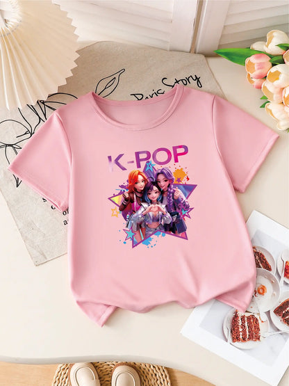 Girls K-POP Idol Group Print Short Sleeve T-Shirt Cute Cartoon Graphic Tee Kids Summer Casual Top