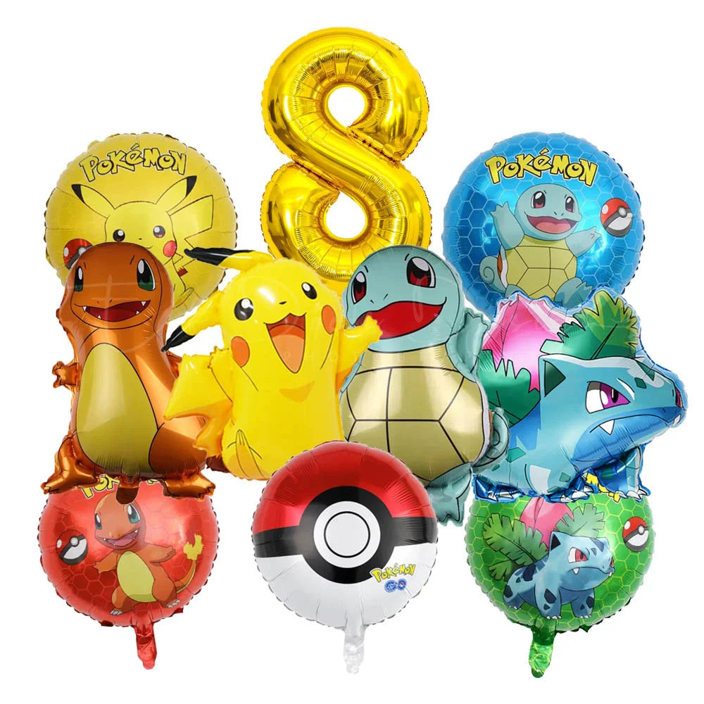 10pcs Cartoon Theme Party Balloon jump Pikachu Little Fire Dragon Jenny Turtle Foil Balloon Kids Birthday Party Decoration Gifts