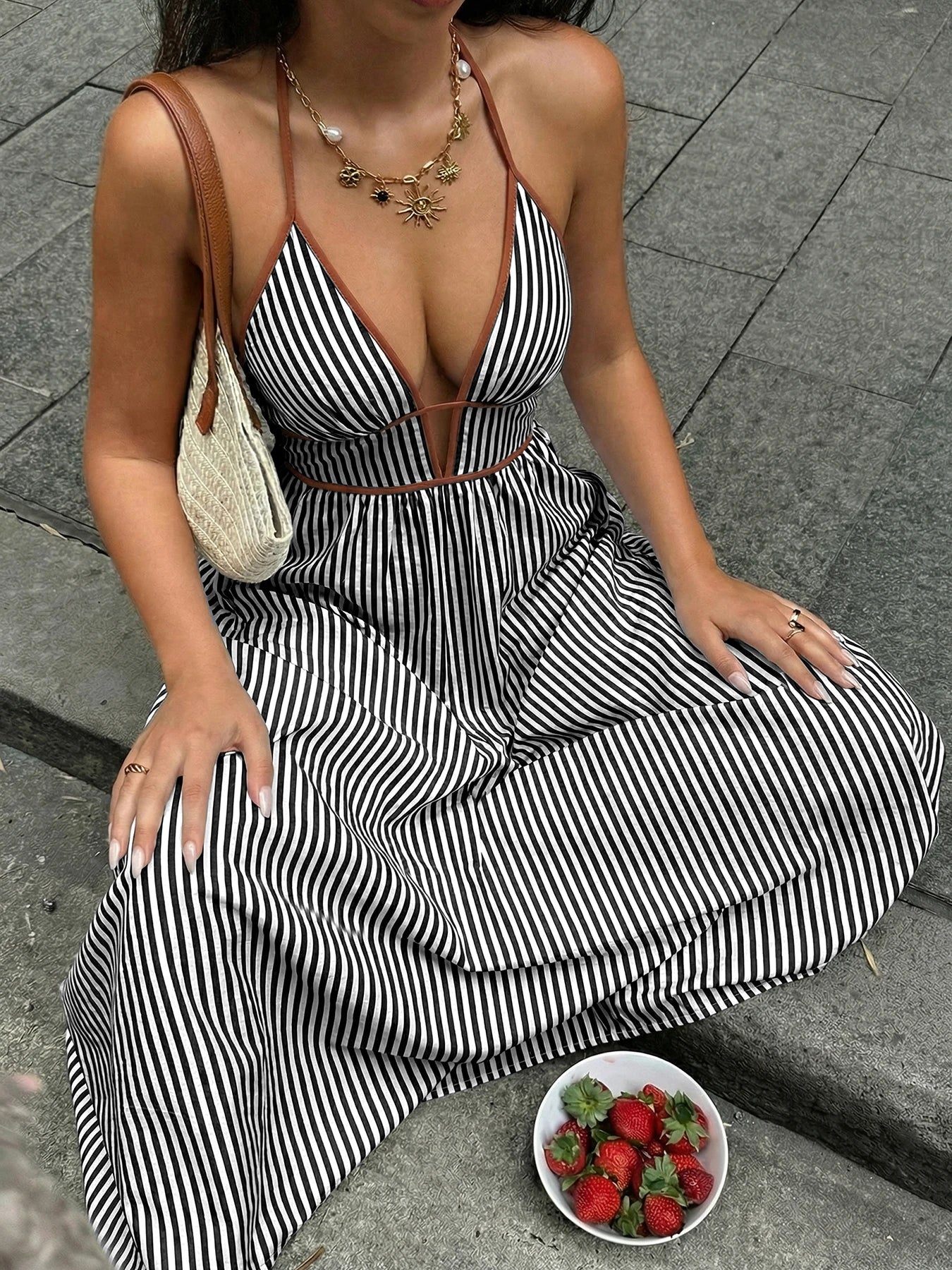 2026 Summer New Style Deep V-neck Striped Beach Dress, Sexy Backless Sleeveless Neckline Long Dress