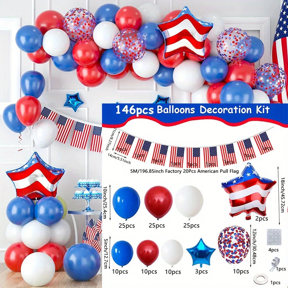 146PCS Independence Day Balloon Arch Set Blue, White, and Red Balloon Decoration for American Independence Day Patriotic Holiday