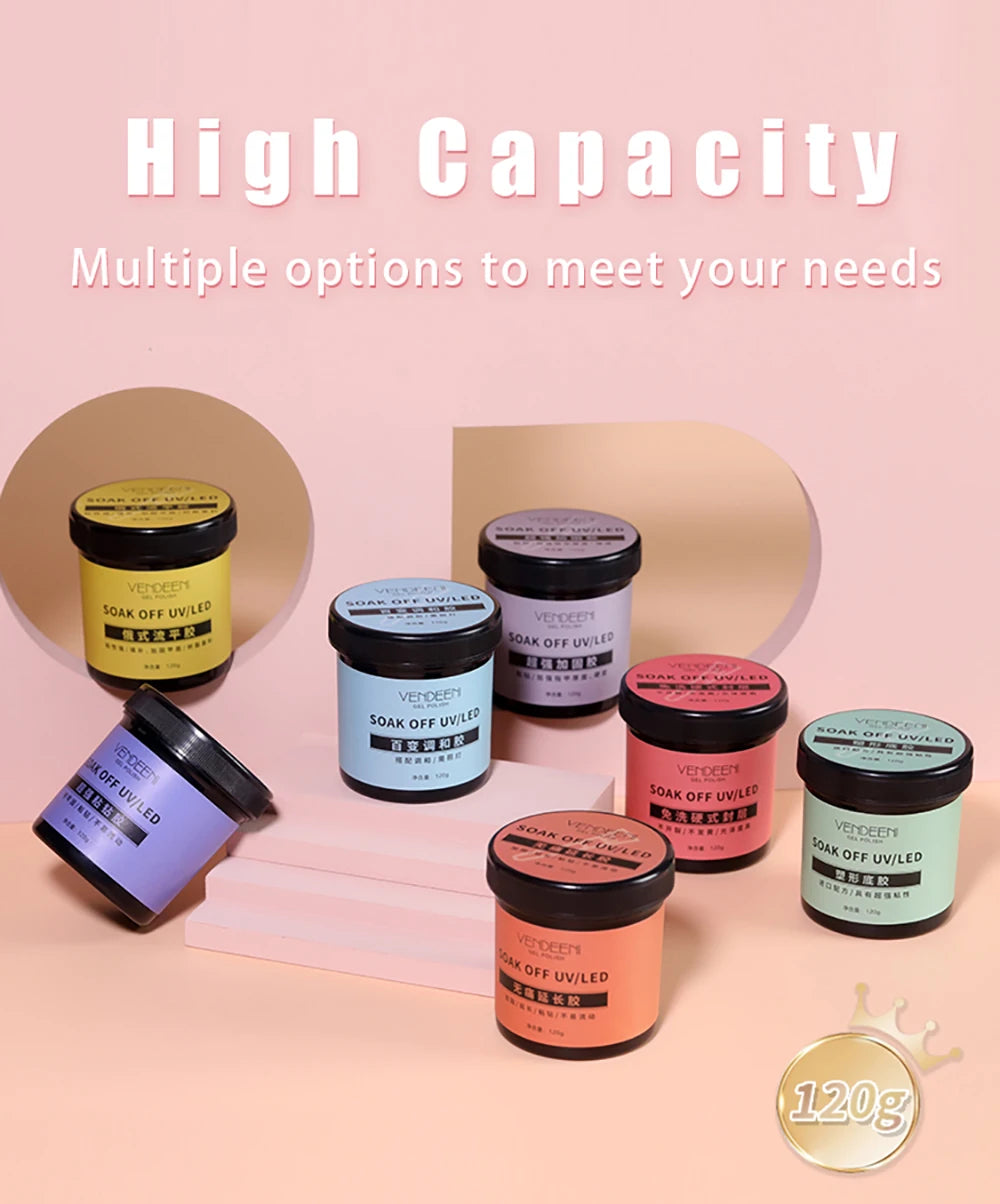 Vendeeni 120g High Capacity Nail Art Functional Gel No Wipe Top Coat Base Coat Painless Extension Gel Leveling Reinforcing Gel