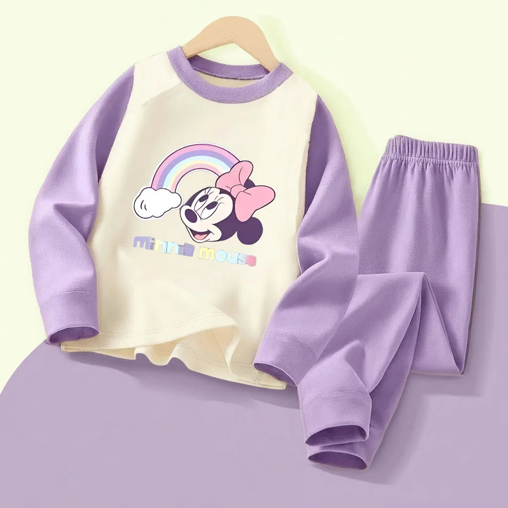 DISNEY MINNIE Printed Girls Casual Spliced Sleepwears Sets Autumn Winter Kids Comfy Soft Home Clothing Set Child Pijamas 0-10Y