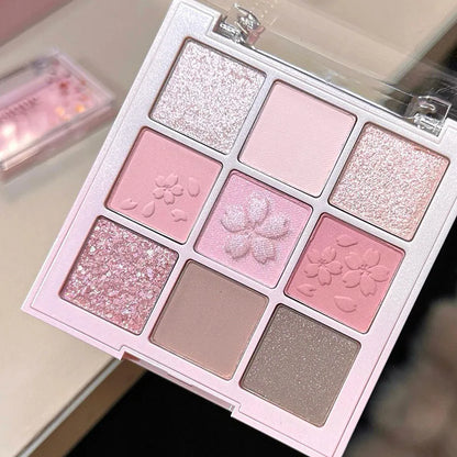 DIKALU 9-Color Sakura Eyeshadow Palette Glitter Matte Low Saturation Pink Brown Nude Makeup Shimmer Eye Pigments Long Lasting