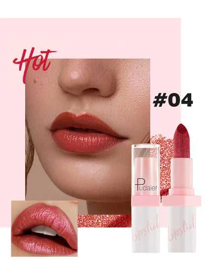Pudaier Shimmery Diamond Lipstick: 10 Shades of Waterproof Glitter & Metallic Shine