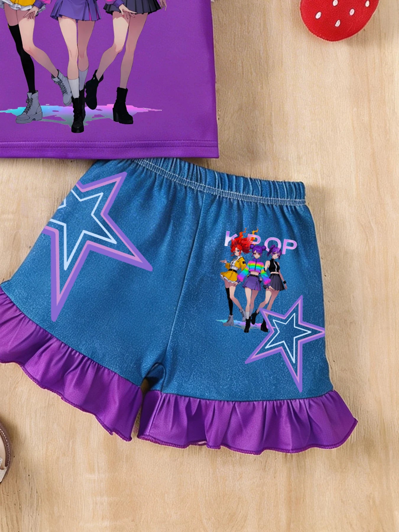Girls' K-Pop Anime Star 2-Piece Set: Purple Graphic Tee & Ruffle Denim-Style Shorts