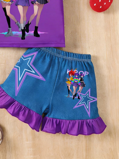 Girls' K-Pop Anime Star 2-Piece Set: Purple Graphic Tee & Ruffle Denim-Style Shorts