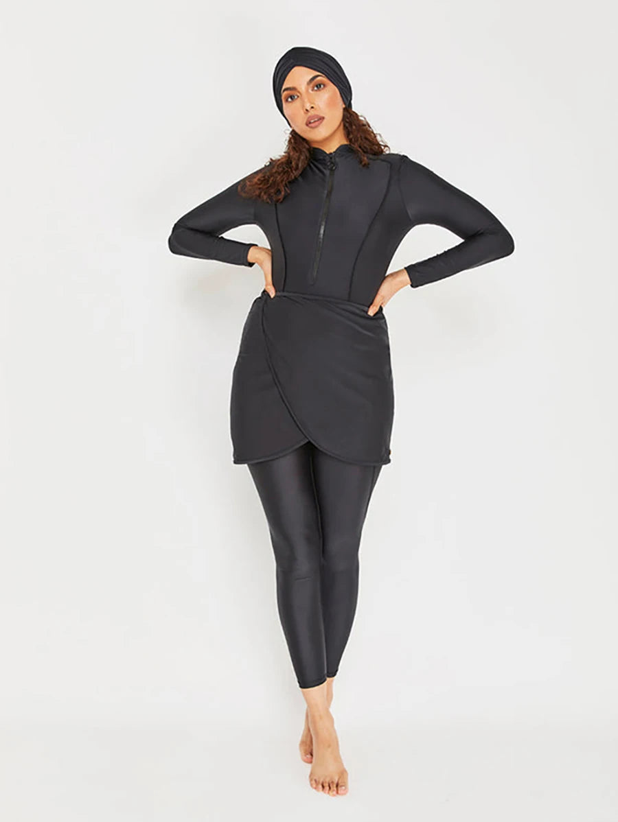 3PCS Black Series Modest Burkini Femmes Muslim Swimsuit Swimwear Summer Beach Women's Swimsuit Lotus Leaf Edge Design