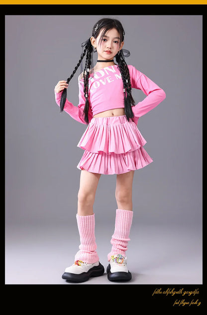 Girls Hip Hop Off Shoulder Crop Top ‌Street Dance Skirts Cargo Pants Children Streetwear Jeans Kids K-pop Girl Group Clothes Set