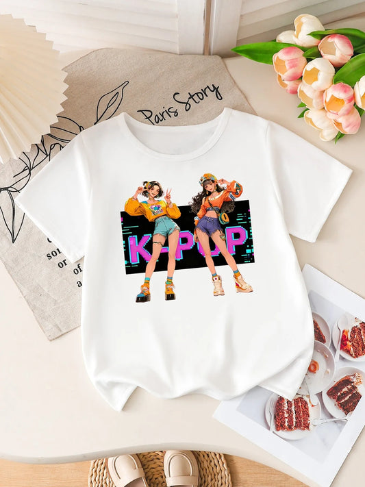 Girls K-POP Retro Anime Print Short Sleeve T-Shirt Cute Streetwear Graphic Tee Kids Summer Casual Top