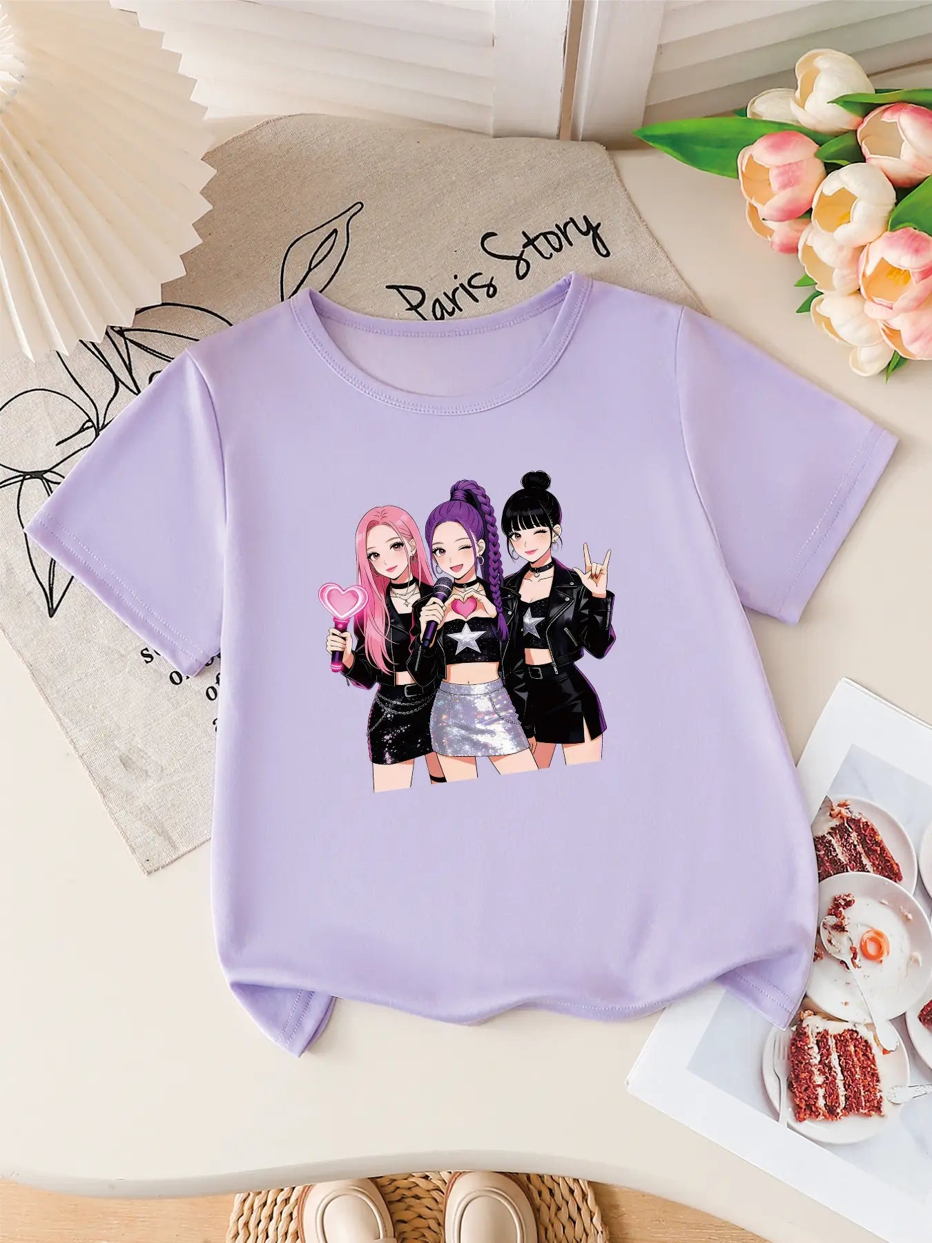 Girls K-POP Idol Group Print Short Sleeve T-Shirt Cute Concert Graphic Tee Kids Summer Casual Top