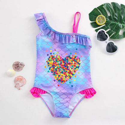 Girls' "Mermaid Heart" One-Piece Swimsuit: Colorful Scale Pattern with Asymmetric Ruffles
