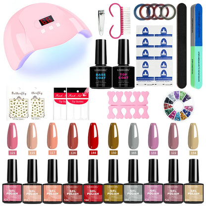 Limegirl Nail Gel Polish Set with UV Lamp 10 Colors Gel Polish Manicure Salon Tools Kit for Nail Art with Base Coat and Top Coat