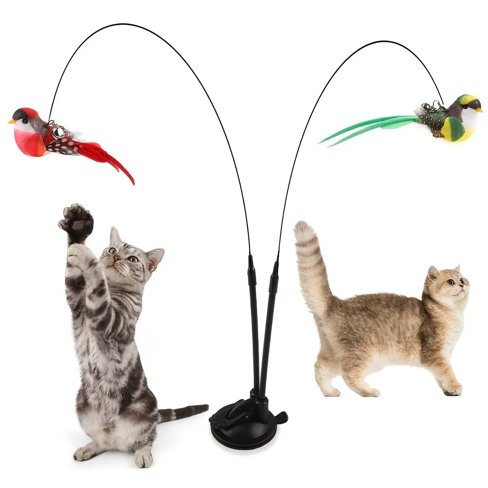Two birds Cat teasing stick set simulation bird hands-free bird cat stick long pole double pole with bell strong suction cup cat