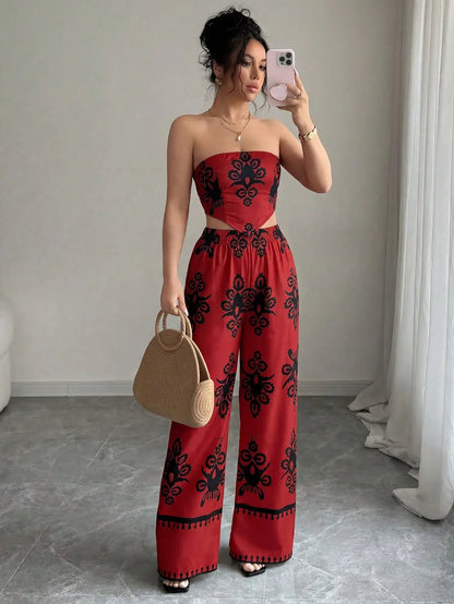 2pcs Set Halter Tie Bow Crop Top And Wide Leg Printed Pants For Women