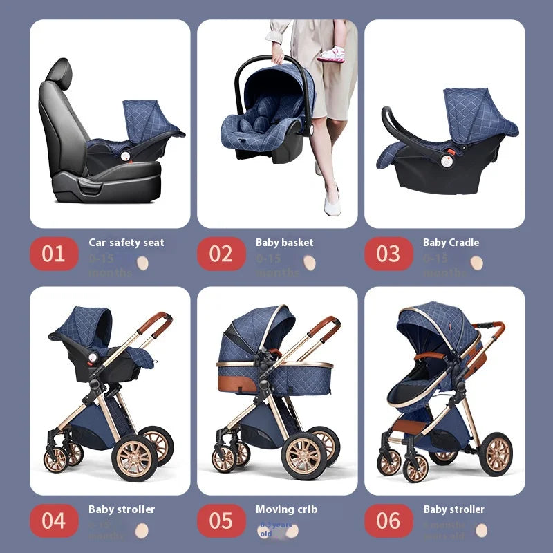 Luxury Baby Stroller 3 in 1 High Landscape Baby Cart Can Sit Can Lie Portable Pushchair Baby Cradel Infant Carrier