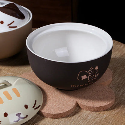 Cartoon Cat Ceramic Noodle Bowl with Lid 🐱🍜
