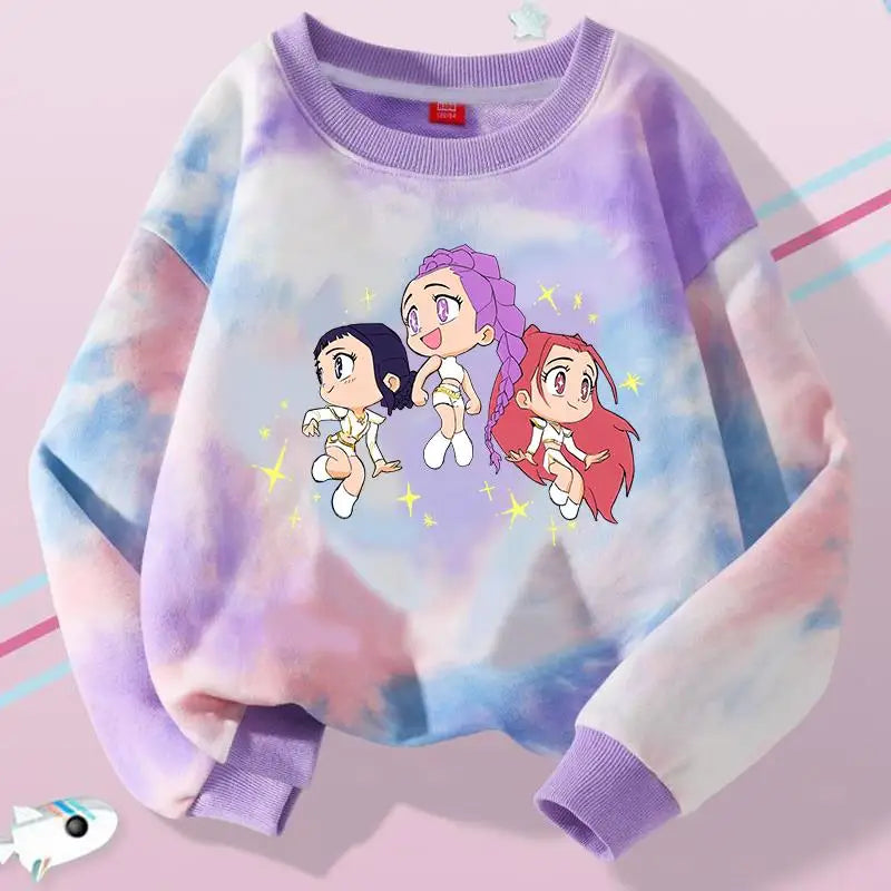 K-Pop Hunters Zoey Mira Rumi Tie-dyed Sweatshirt for Girl Pullover Crew Neck Child Sportwear Long Sleeve Cartoon Kids Tops