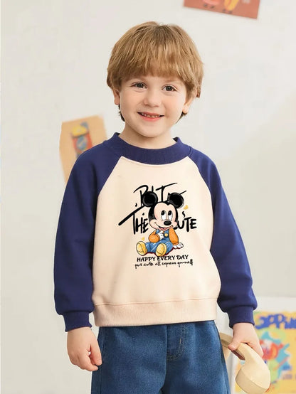 Mickey Printed Spring Autumn New Children Sweatshirts Kids Fashion O Neck Hoodies Baby Boys Spliced Long Sleeved Casual Pullover