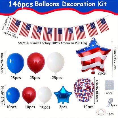 146PCS Independence Day Balloon Arch Set Blue, White, and Red Balloon Decoration for American Independence Day Patriotic Holiday