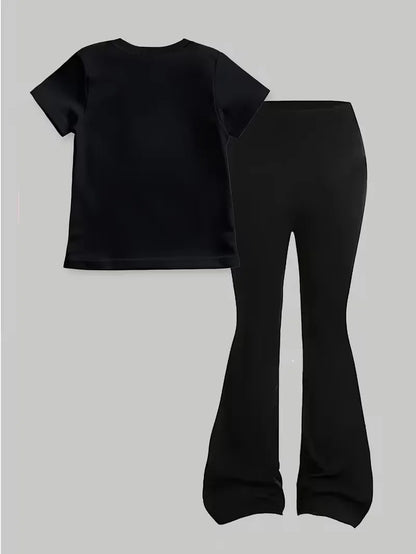 Girls' Midnight Star K-Pop 2-Piece Set: Black Graphic Tee & Flared Bell-Bottom Pants