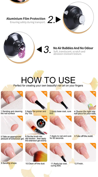 LIMEGIRL 15ML Nail Extension Gel Kit UV Gel Soaking Primer Pen Washing Water Glitter Manicure Mini LED Lamp Nail Gel Kit