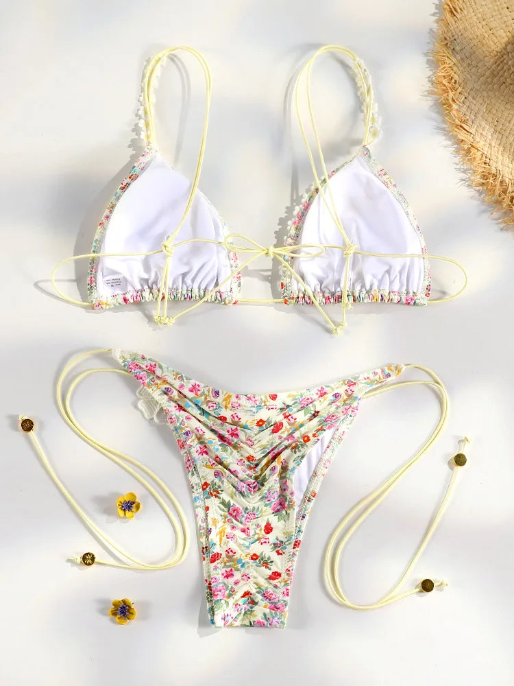 Sexy Triangle Lace Bikini Sets Micro Thongs Swimsuit Women Bathing Suit Biquini Bandage Beachwear Print Swimwear Thong Bikini