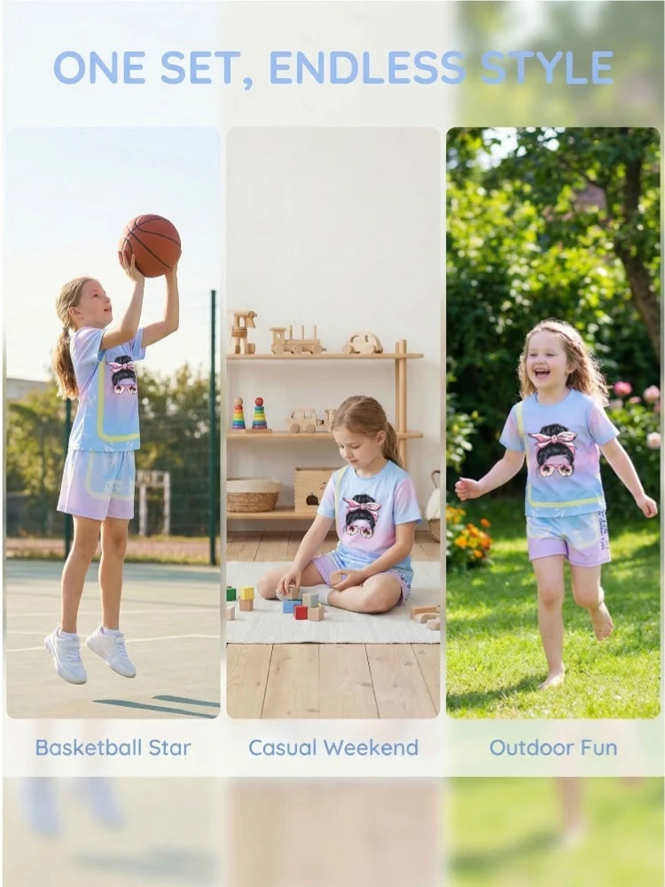 Girls' Sunset Beach 2-Piece Summer Set: Tie-Dye Mesh Tee & Shorts Sport Outfit