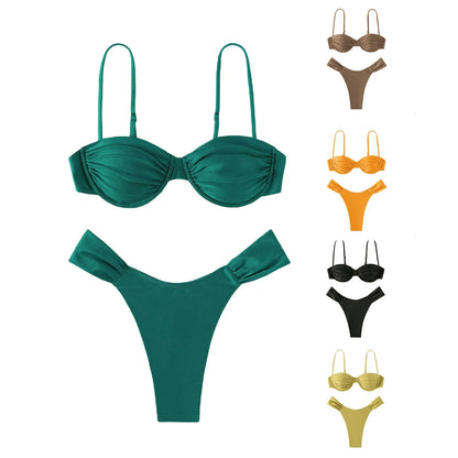 Classics Basics Women Swim Bikini Suit, Solid Color Pleated Sleeveless Bra+ Shorts Briefs Swimwear Swimsuit