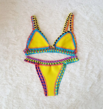 Bikini Crochet 2025 Handmade Knit Patchwork Reversible 2 Piece Swimsuit Women Halter Top Brazilian Bathing Suit Thong Swimwear